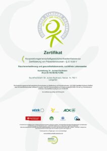 Zertifikat Deutscher Standard Prävention nach § 20 SGB V für die Raucherentwöhnung von Dr. Jochen Kaufmann, Kurs-ID KU-SU-DLYUH6
