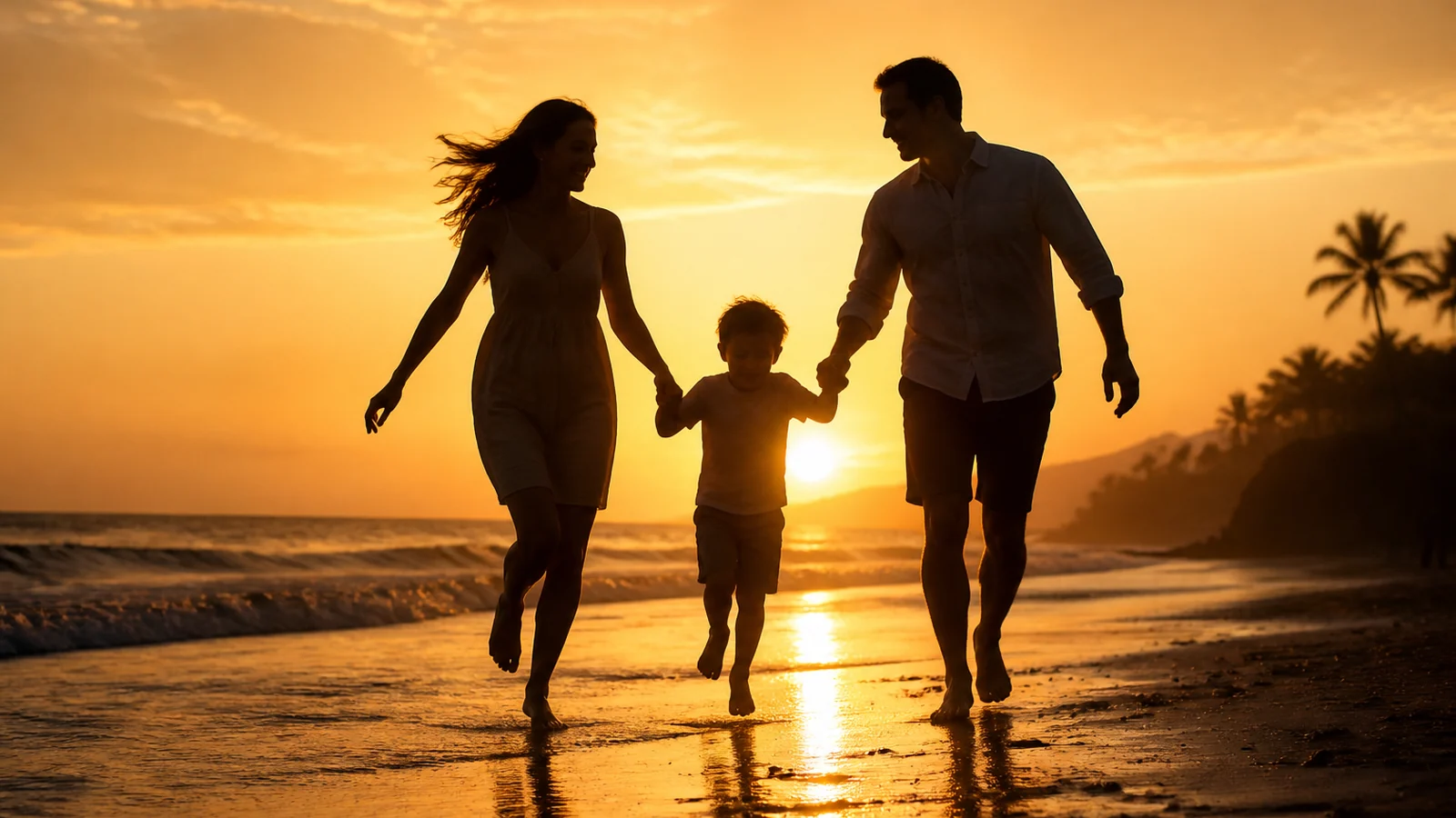 Familie läuft im Sonnenuntergang am Strand