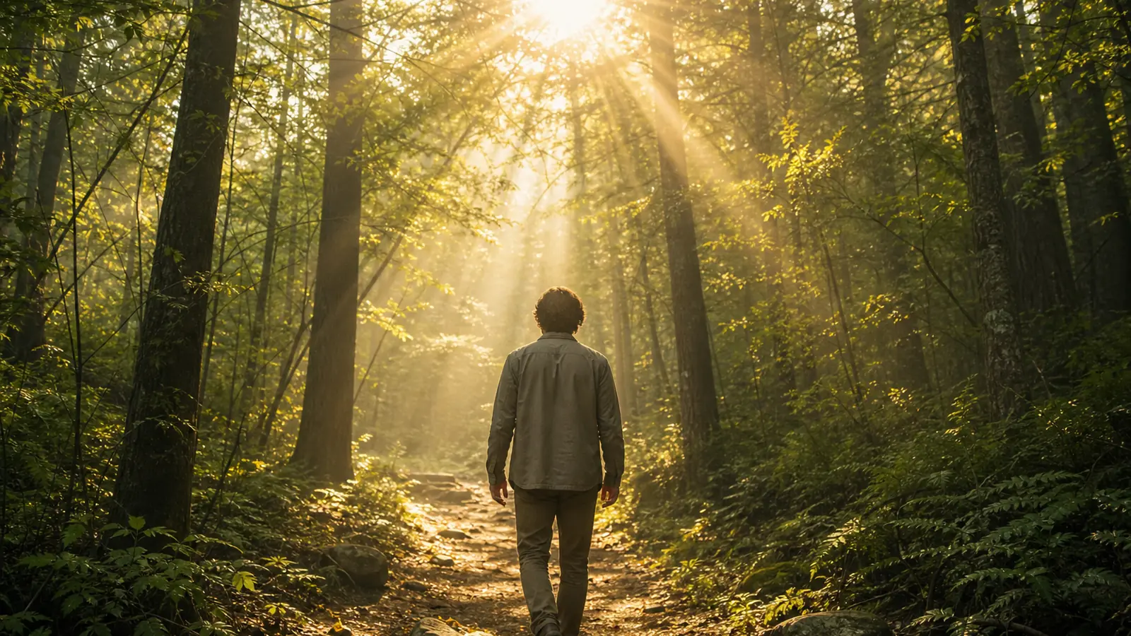 Mann geht einen sonnendurchfluteten Waldweg entlang