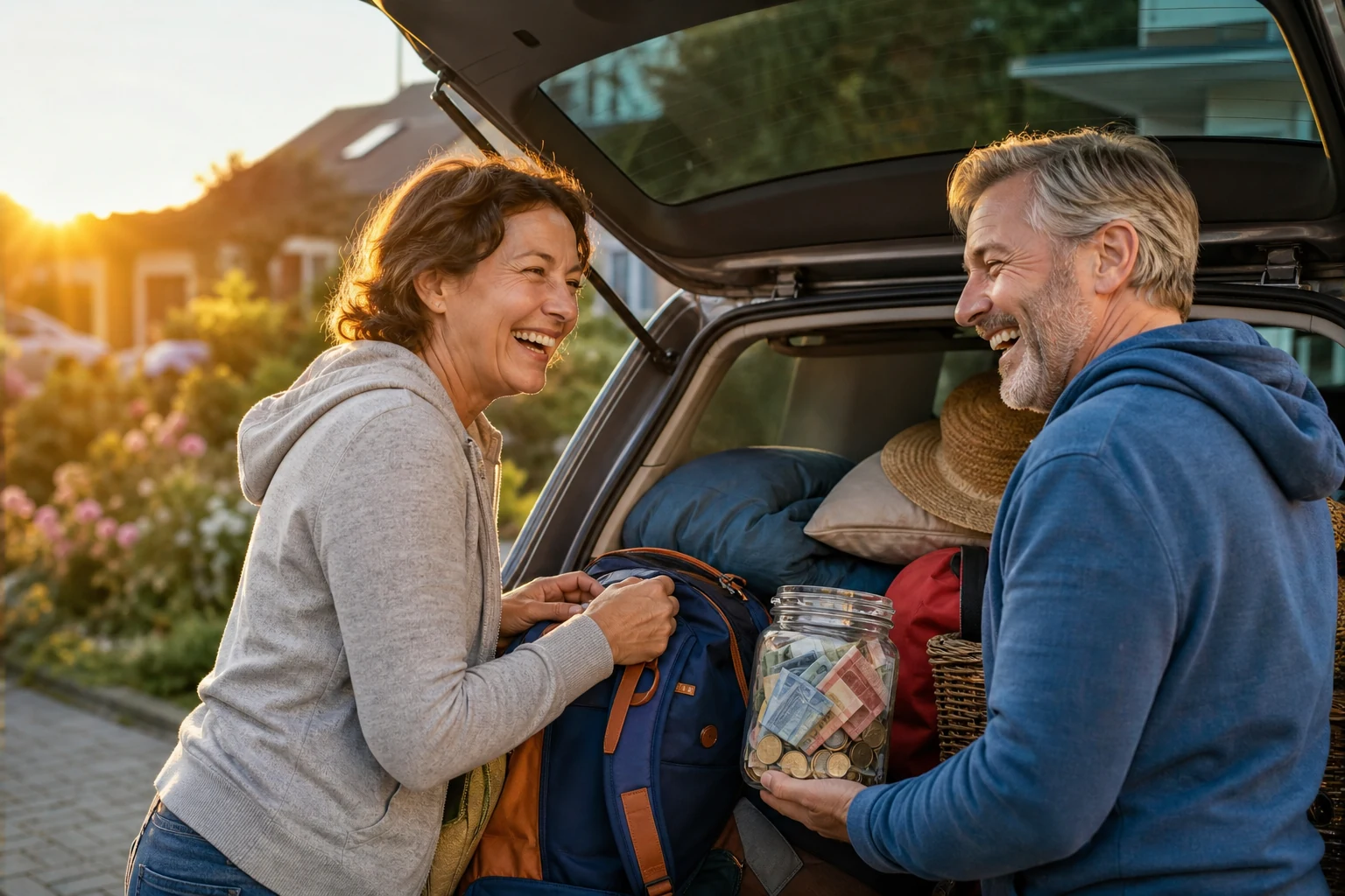 Paar belädt lachend das Auto für den Urlaub, daneben ein Glas mit Erspartem