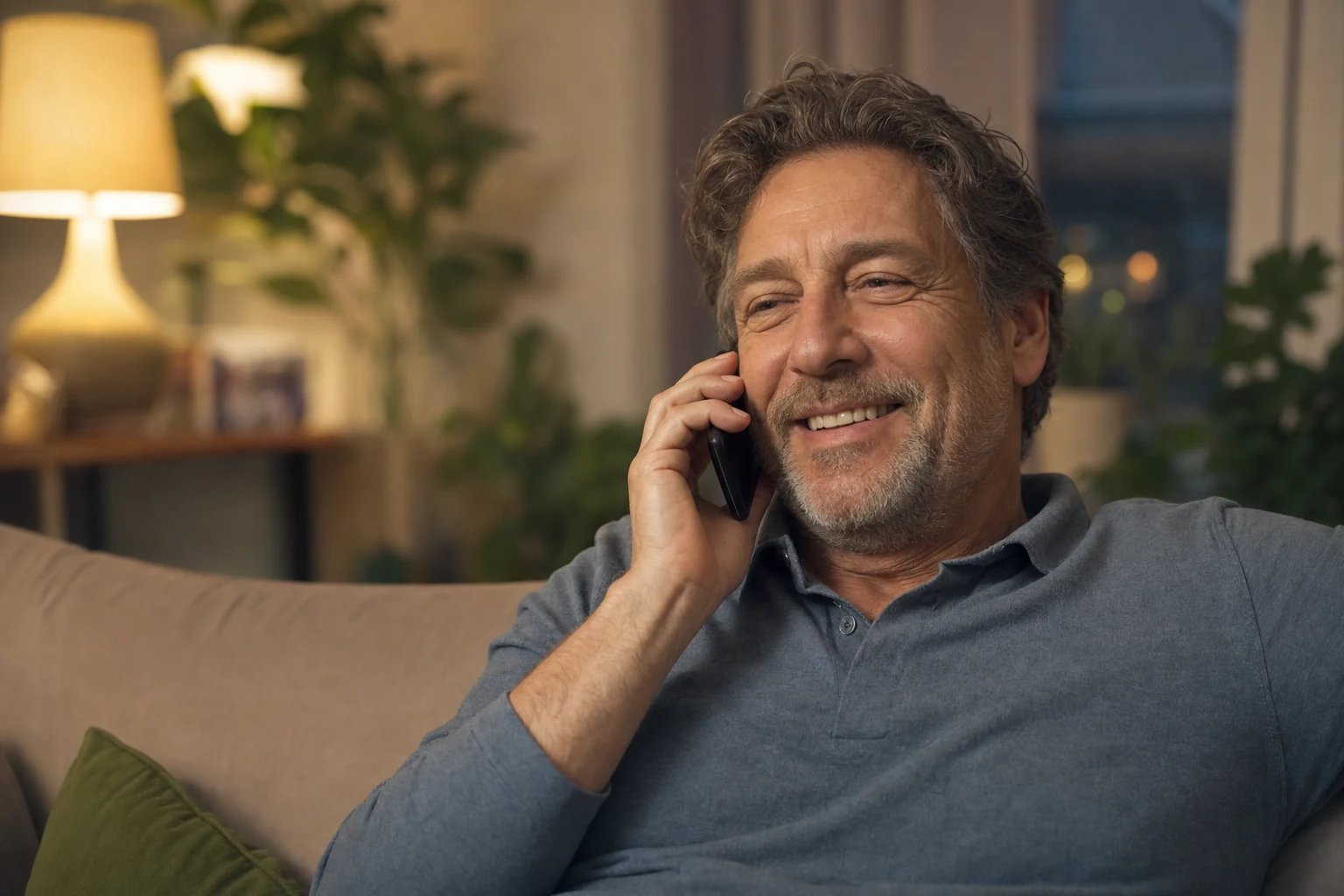 Mann sitzt entspannt zu Hause auf dem Sofa und telefoniert sichtlich erleichtert