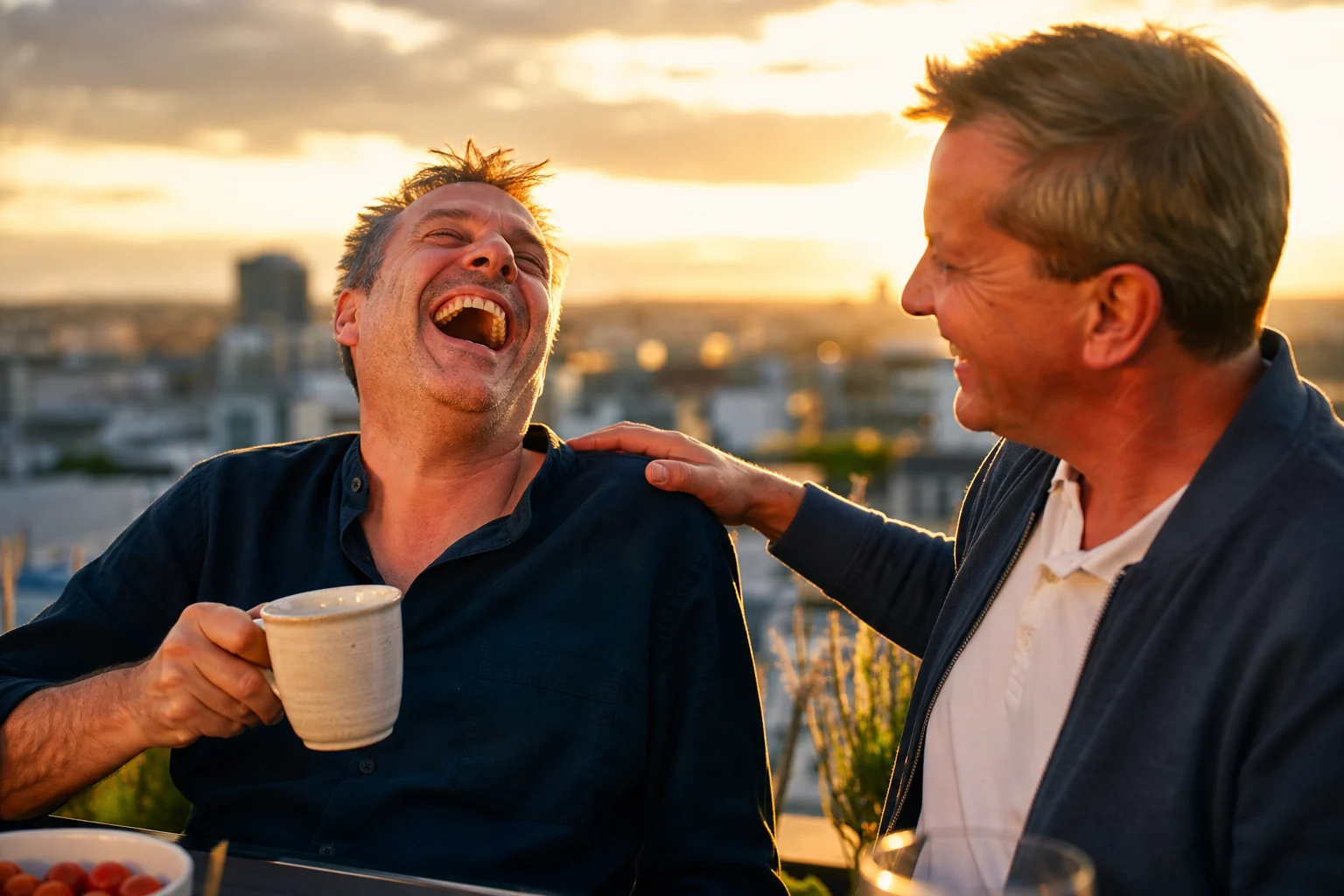 Zwei Männer lachen bei einer Kaffeepause auf einer Dachterrasse