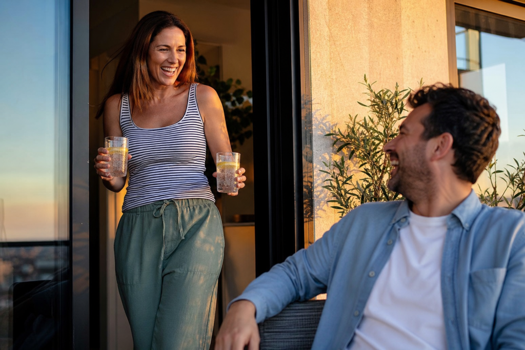 Paar genießt den Feierabend auf dem Balkon mit Sprudelwasser