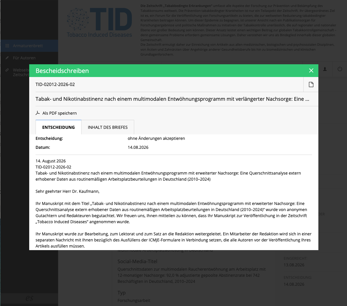 Annahmebescheid der Fachzeitschrift Tobacco Induced Diseases vom 14.08.2026 für Manuskript TID-02012-2026-02 – Entscheidung: ohne Änderungen akzeptieren