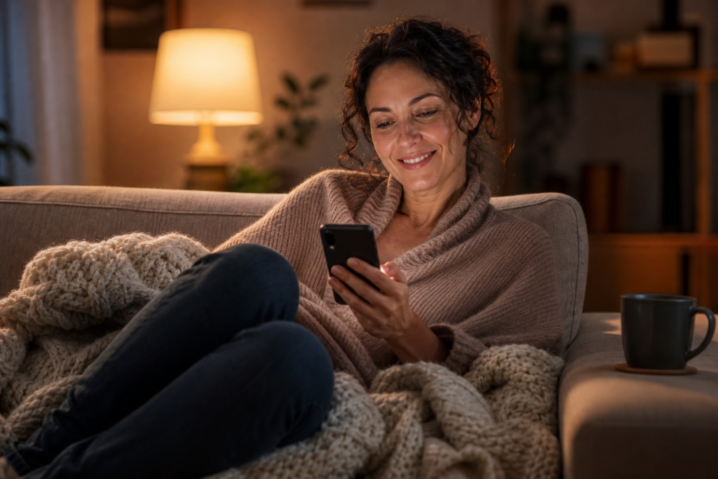 Frau findet abends auf dem Sofa in einer Minute die passende Hilfe am Handy