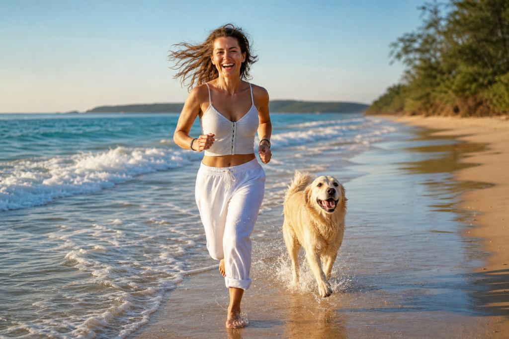 Frau läuft mit ihrem Hund lachend am Morgenstrand