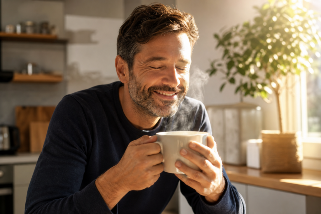 Mann genießt den Duft von frischem Kaffee am Morgen