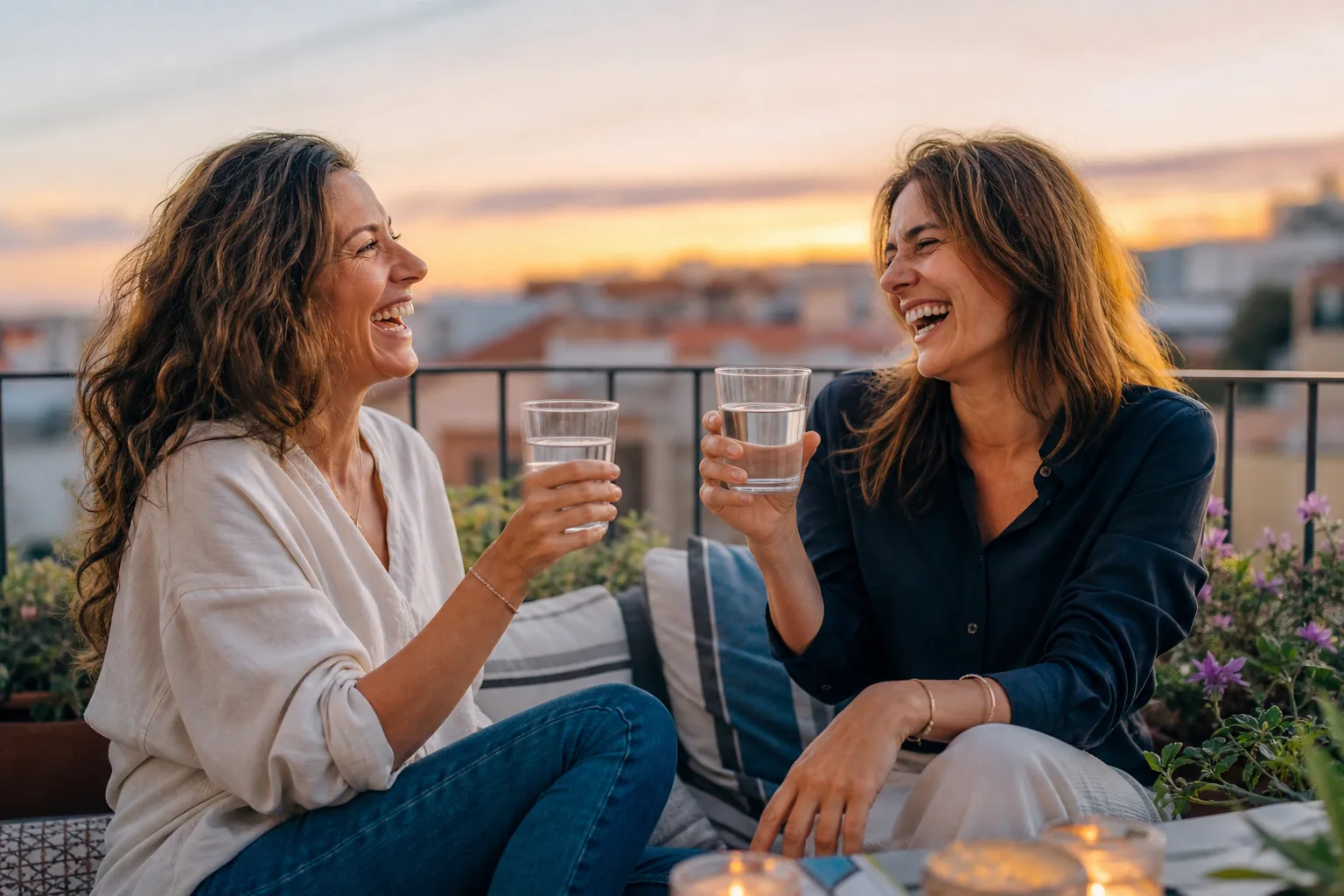 Zwei Freundinnen lachen am Abend auf einer Dachterrasse, Wassergläser in der Hand