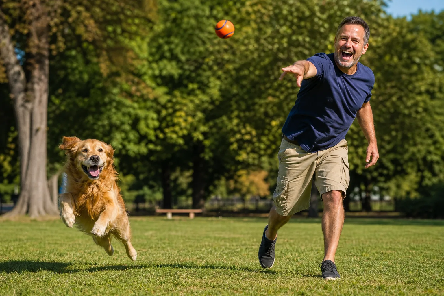Mann wirft einem springenden Hund im Park einen Ball zu