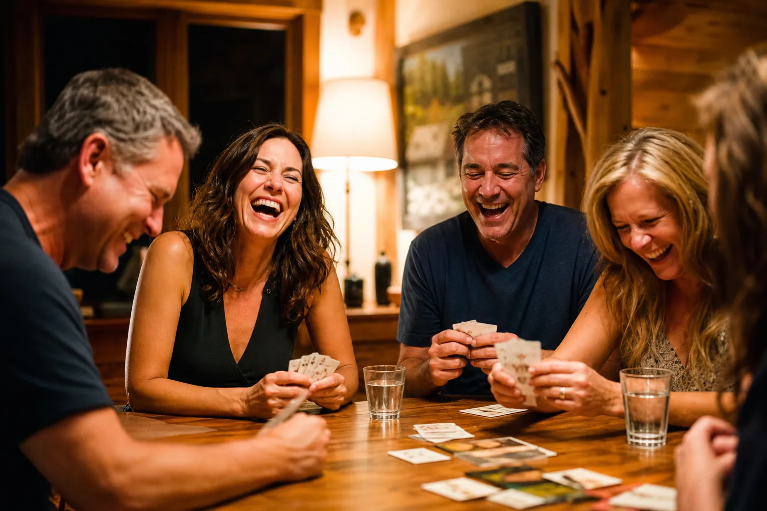 Freunde spielen am Abend zusammen Karten und lachen