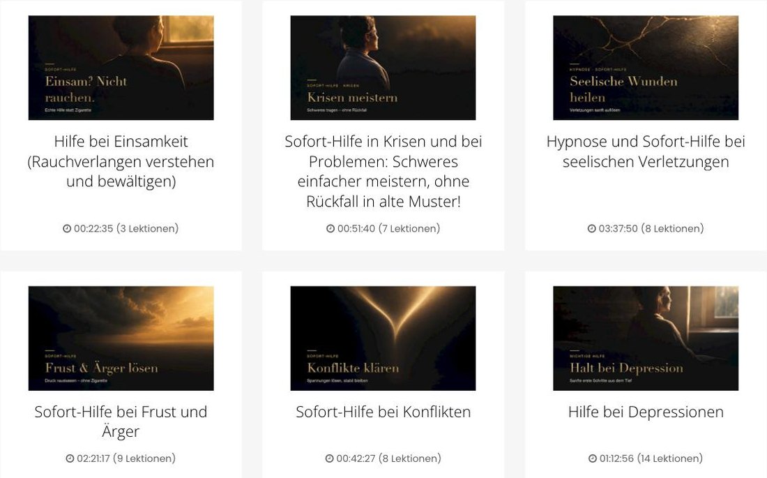 Blick in den Soforthilfe-Bereich von Teil 1: Kapitel-Übersicht mit Hilfe bei Einsamkeit, Sofort-Hilfe in Krisen, bei seelischen Verletzungen, bei Frust und Ärger, bei Konflikten und bei Depressionen