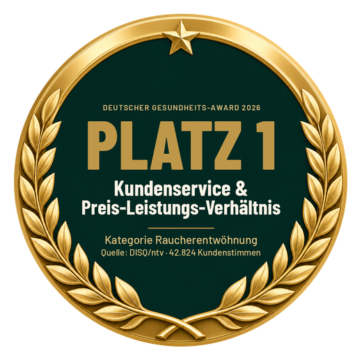 Deutscher Gesundheits-Award 2026: Platz 1 in Kundenservice und Preis-Leistungs-Verhältnis, Kategorie Raucherentwöhnung