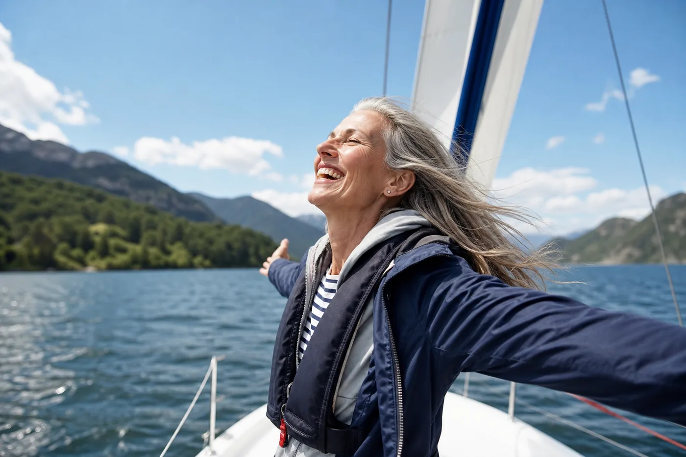 Frau um 50 lacht am Bug eines Segelboots in den Fahrtwind, Haare fliegen
