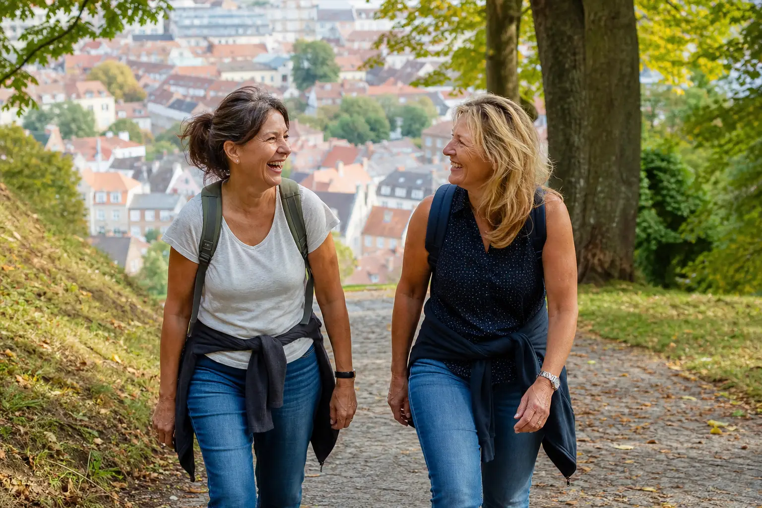 Rauchfrei in Aachen: Zwei Frauen gehen lachend bergauf im Park