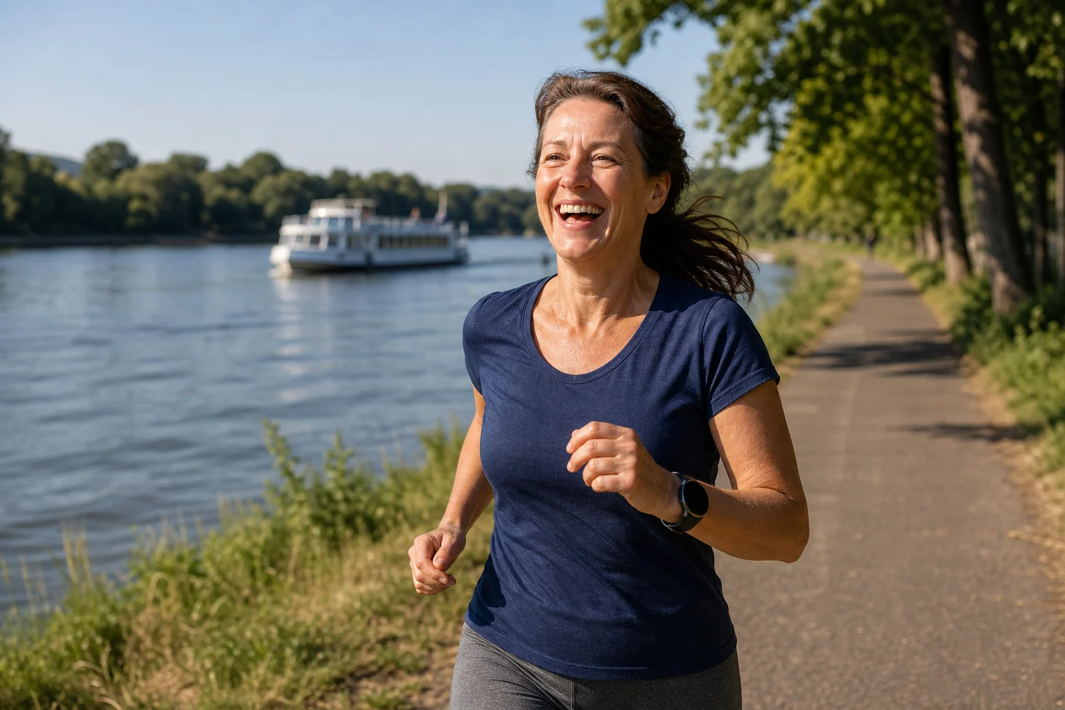 Rauchfrei in Frankfurt: Frau joggt lachend am Mainufer