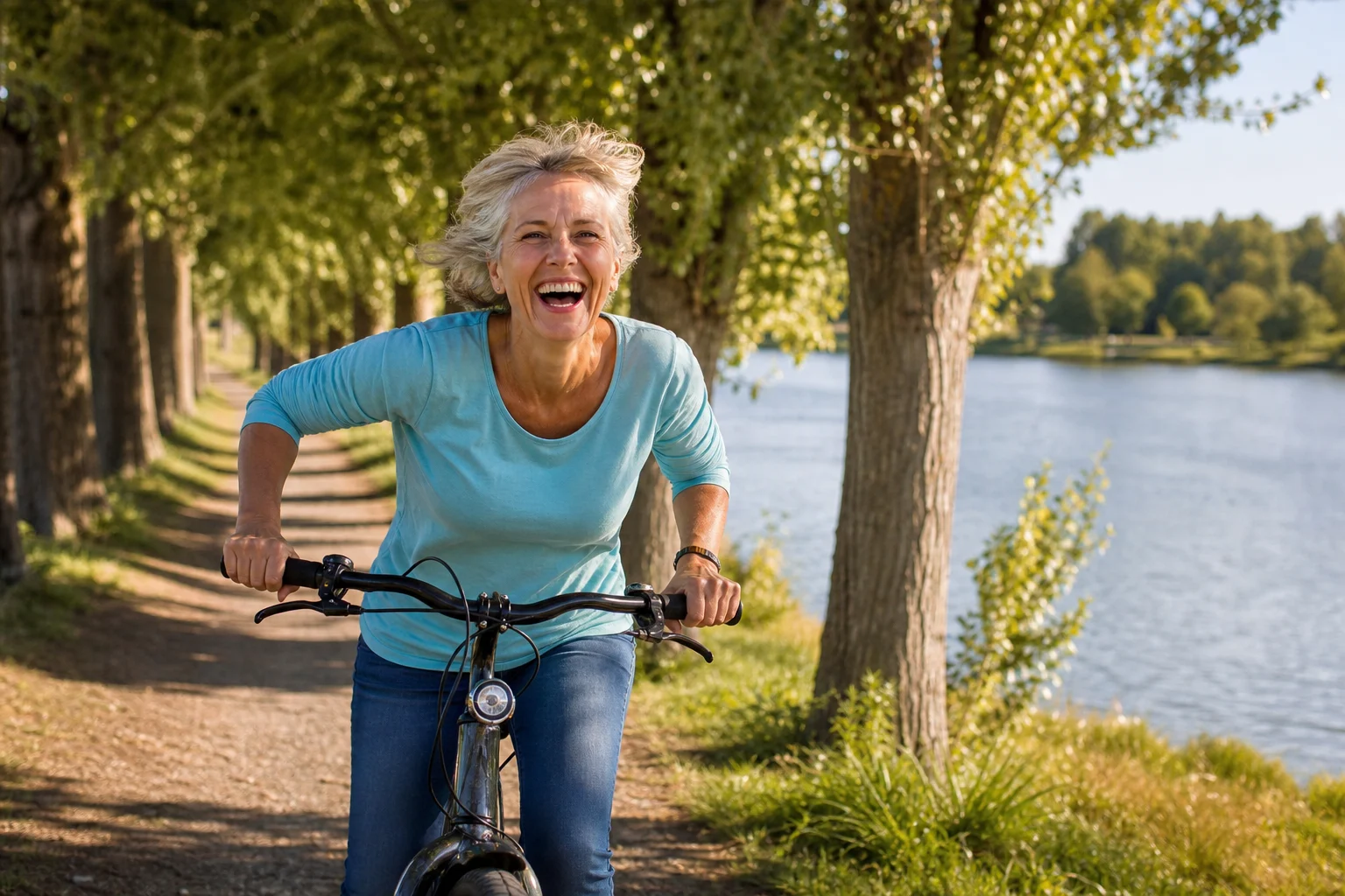 Rauchfrei in Heilbronn: Frau lacht beim Radfahren am Fluss