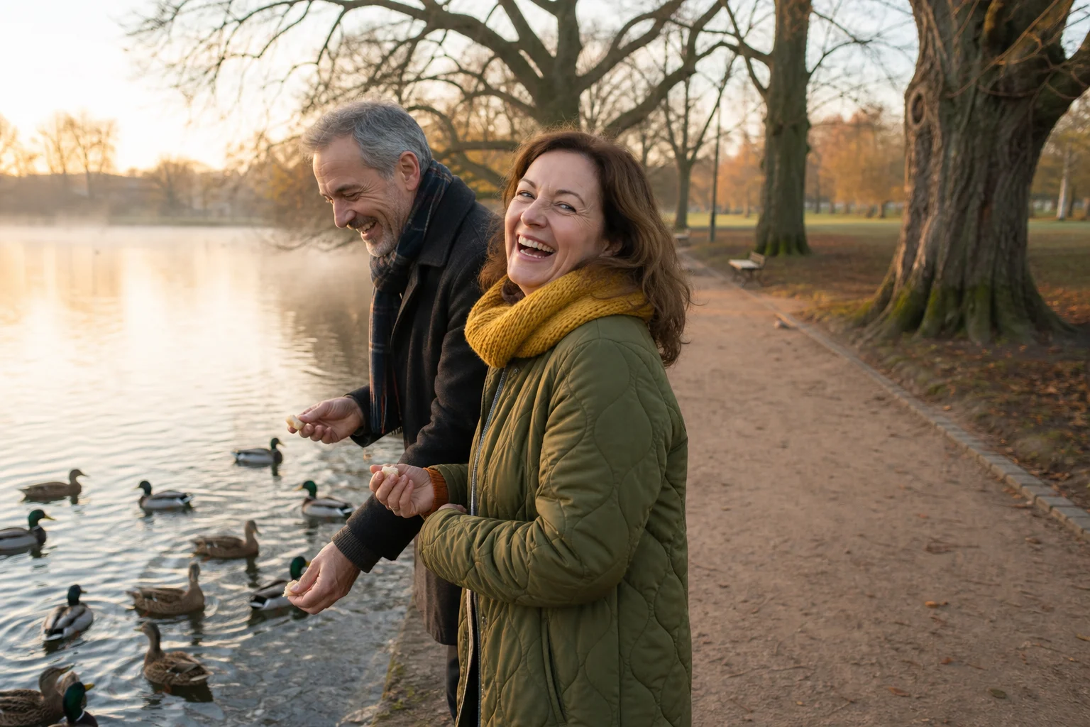 Rauchfrei in Krefeld: Paar füttert lachend Enten am Parkweiher