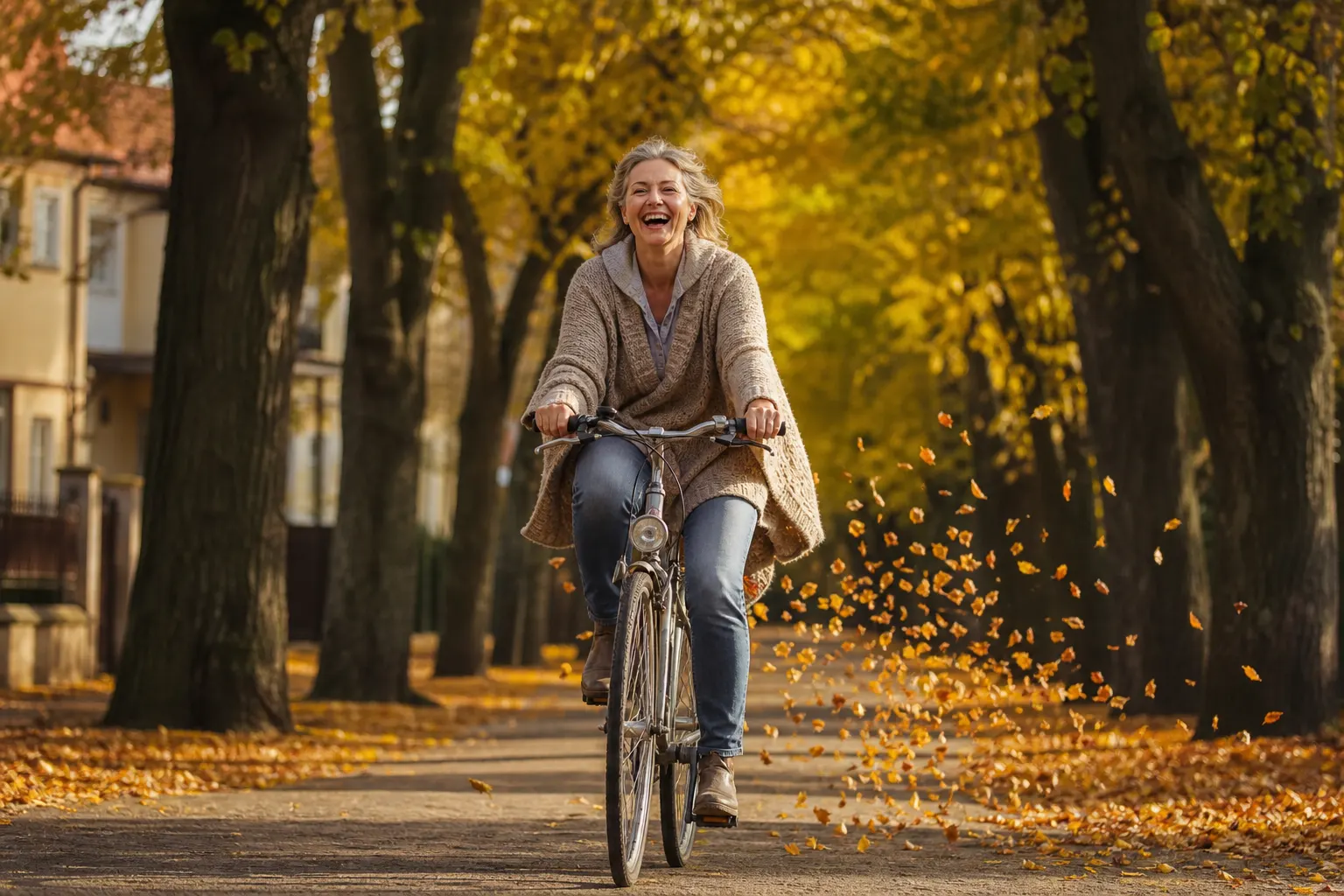 Rauchfrei in Leipzig: Frau radelt lachend durch die Herbst-Allee