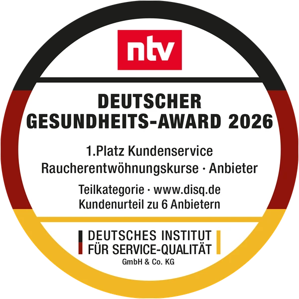 Deutscher Gesundheits-Award 2026 (ntv/DISQ): 1. Platz Kundenservice – Raucherentwöhnungskurse-Anbieter