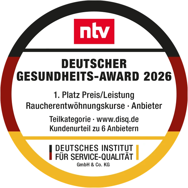 Deutscher Gesundheits-Award 2026 (ntv/DISQ): 1. Platz Preis/Leistung – Raucherentwöhnungskurse-Anbieter