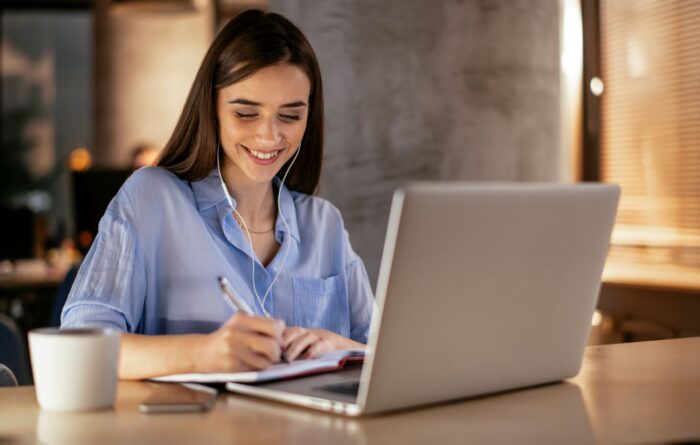 Businesswoman in having a video call on laptop.