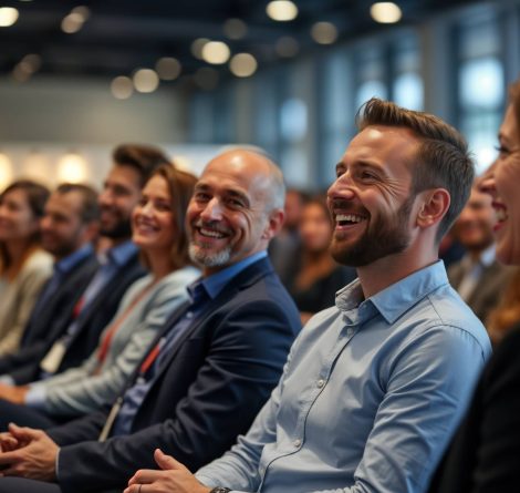 Business people happily listen to startup owner at trade show. Laughing, engaged. Event in large hall. Atmosphere lively enthusiastic. Business people seem interested in presentation. Many people in